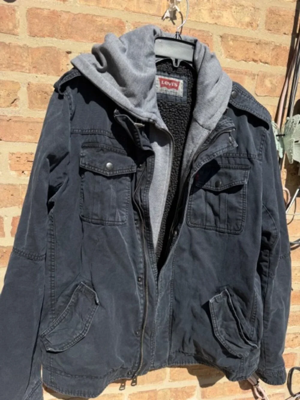 Used Levi's Men's Washed Cotton Hooded Military Jacket in size Large Navy Blue